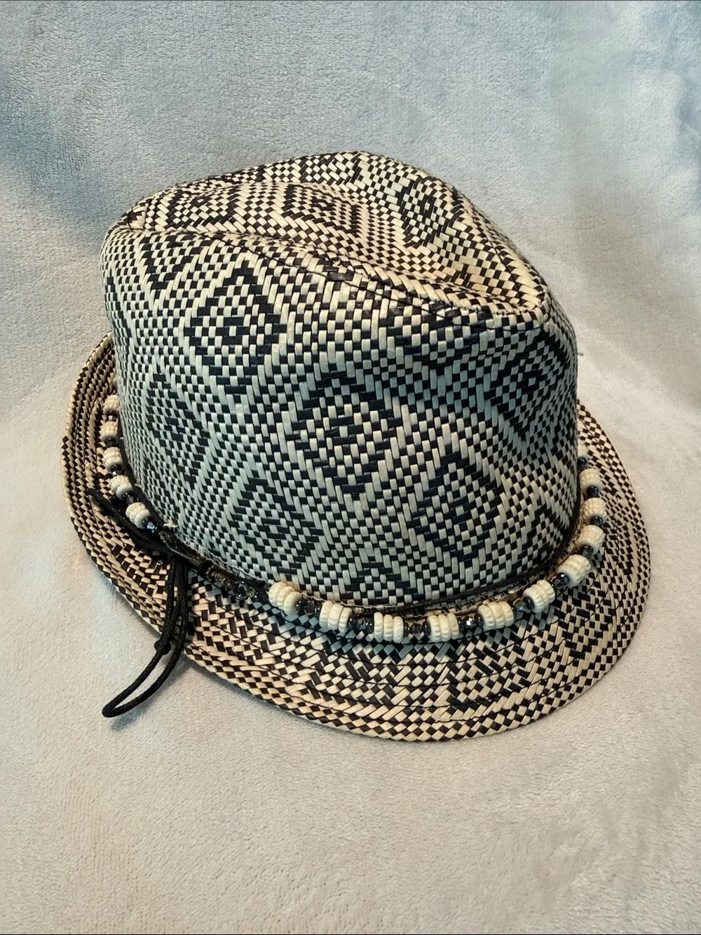 Unisex Black & White Woven Fedora with Beaded Band